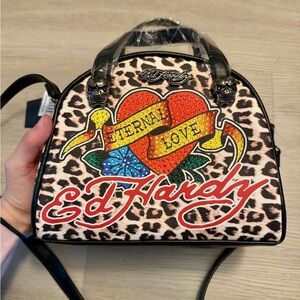 Ed Hardy Cheetah Y2K Vibes Print Satchel with Vibrant Rhinestone Heart Skulls